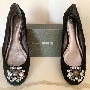 Via Spiga Rhinestone Embellished Ballerina Black Suede Flat (ECU)